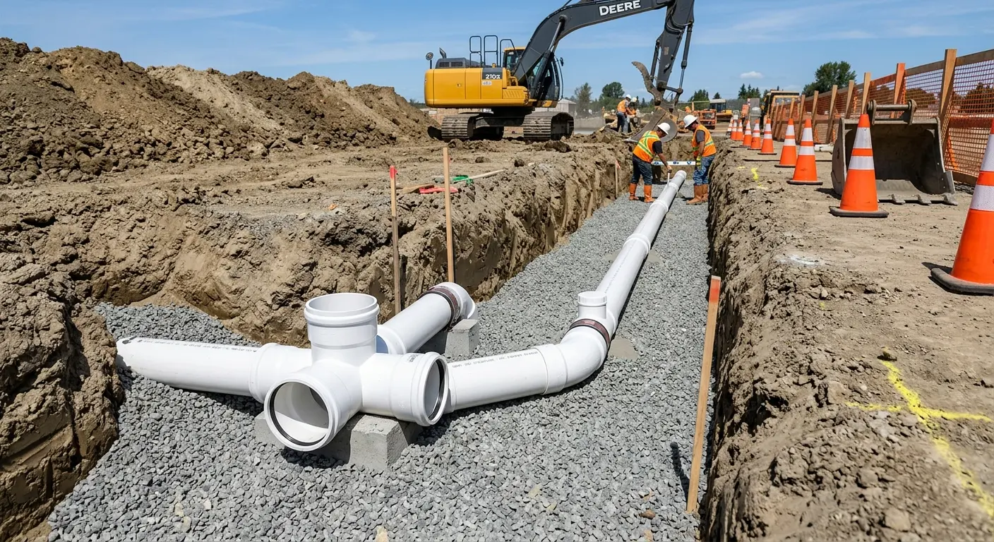 New PVC sewer pipe installation in open trench for Commercial Drain Cleaning in Twin Falls