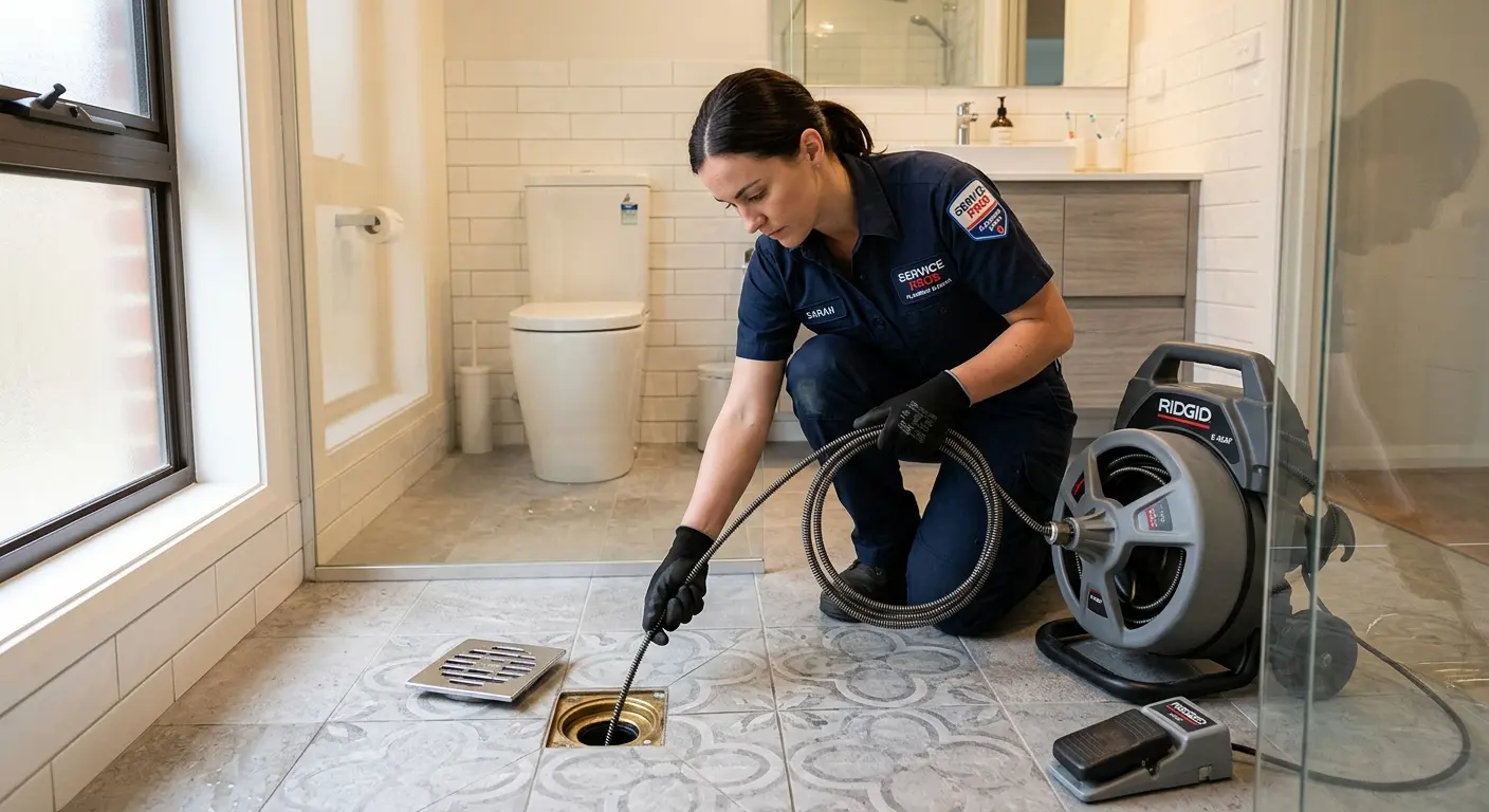 Technician clearing a bathroom floor drain for Drain Cleaning in Twin Falls